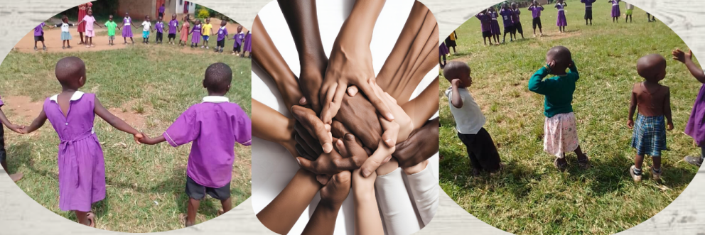 children playing in african school and image of hands holding each other