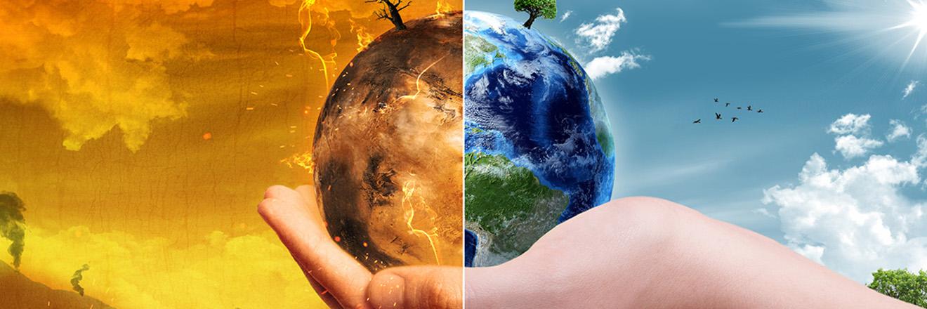 Climate change globe in hand split screen 